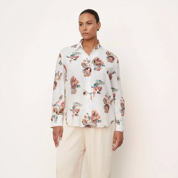 VINCE Ikat Floral Relaxed Long-Sleeve Shirt Optic White {NN1} - Picture 1 of 4